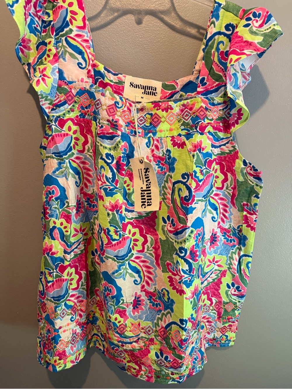 Savanna Jane Vibrant Floral Ruffle Strap Tank Top - Pink, Green & Blue